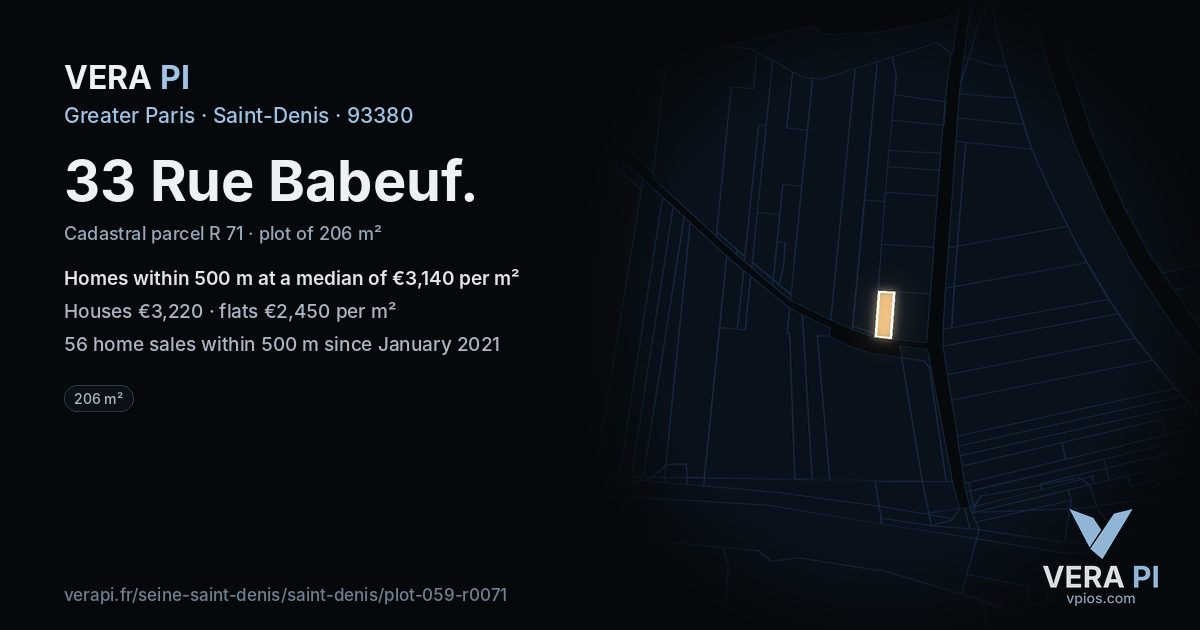 33 Rue Babeuf, Saint-Denis at night – the plot lit, the parcels around coloured by the prices near them