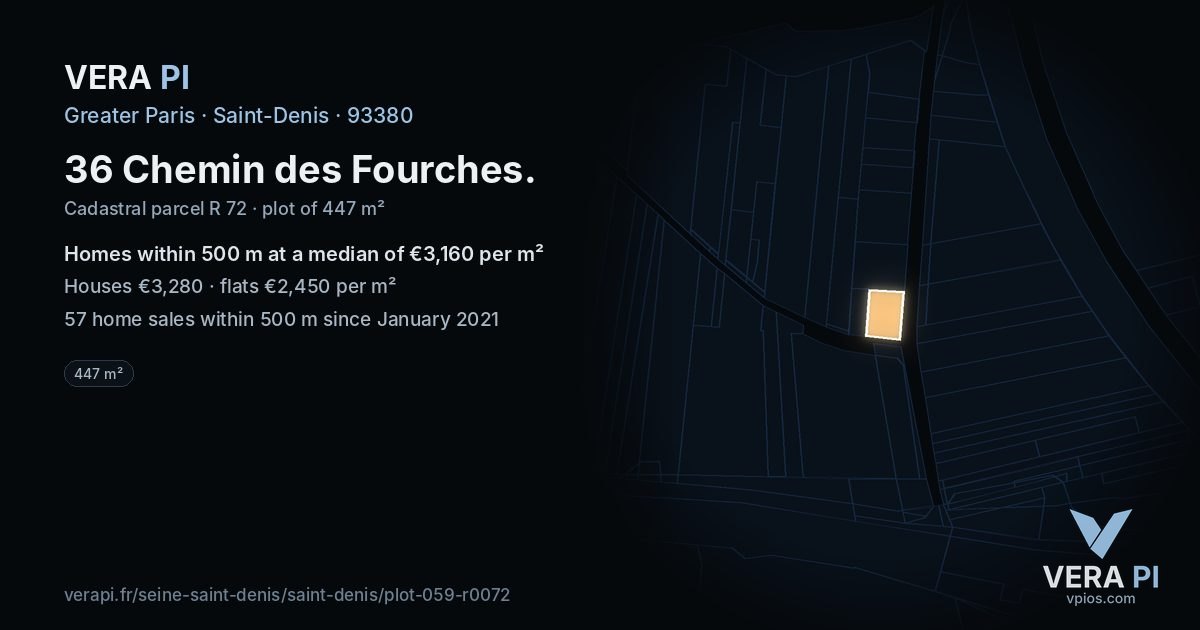 36 Chemin des Fourches, Saint-Denis at night – the plot lit, the parcels around coloured by the prices near them