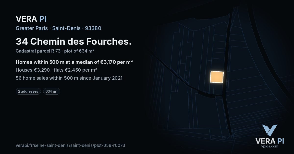 34 Chemin des Fourches, Saint-Denis at night – the plot lit, the parcels around coloured by the prices near them