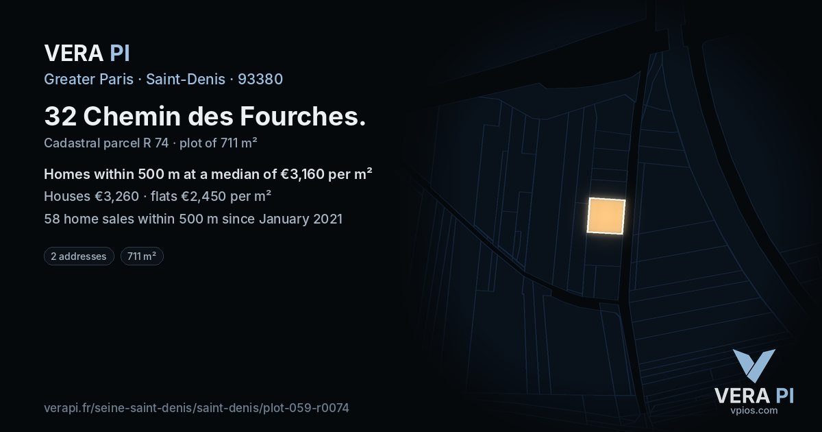 32 Chemin des Fourches, Saint-Denis at night – the plot lit, the parcels around coloured by the prices near them