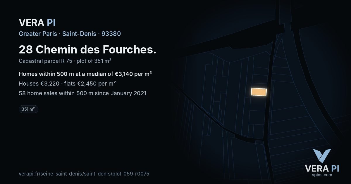 28 Chemin des Fourches, Saint-Denis at night – the plot lit, the parcels around coloured by the prices near them