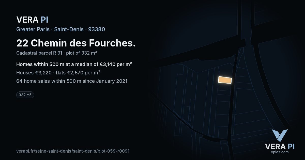 22 Chemin des Fourches, Saint-Denis at night – the plot lit, the parcels around coloured by the prices near them