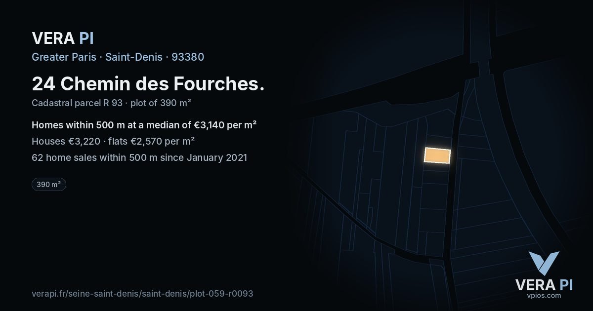 24 Chemin des Fourches, Saint-Denis at night – the plot lit, the parcels around coloured by the prices near them