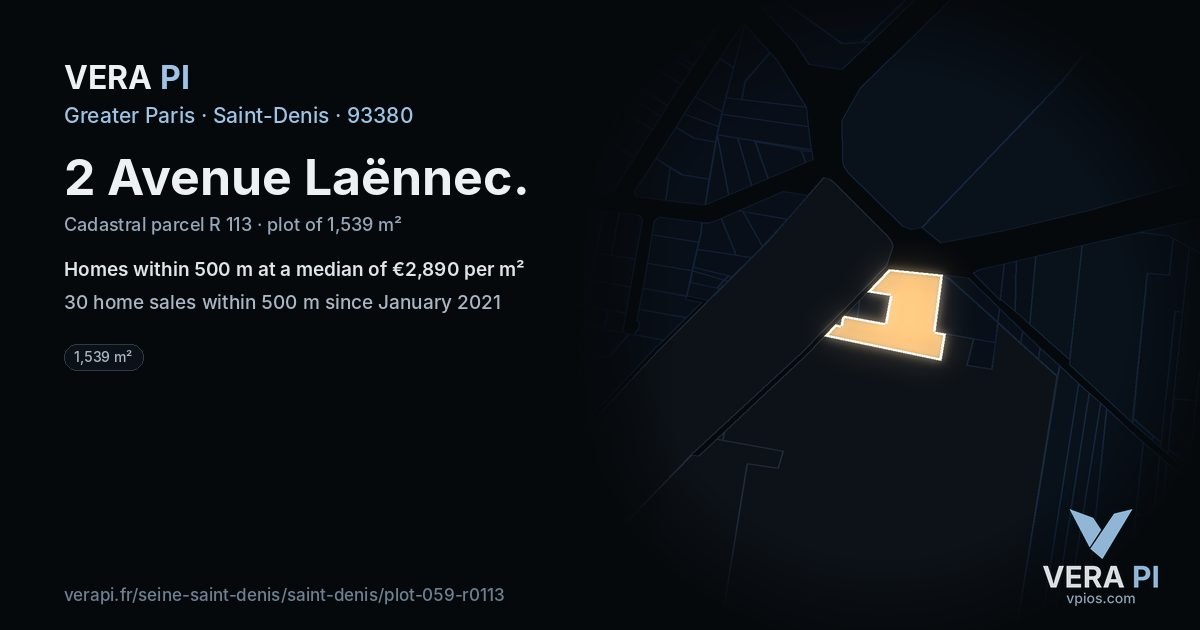 2 Avenue Laënnec, Saint-Denis at night – the plot lit, the parcels around coloured by the prices near them