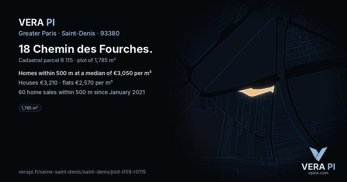 18 Chemin des Fourches, Saint-Denis at night – the plot lit, the parcels around coloured by the prices near them