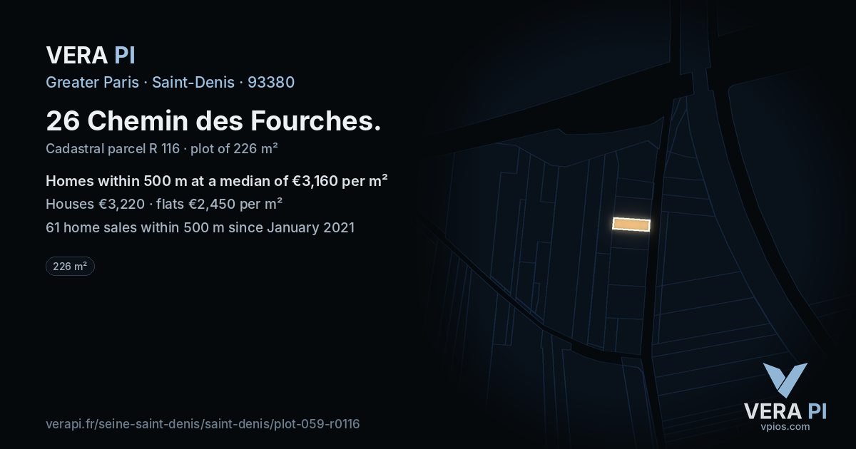 26 Chemin des Fourches, Saint-Denis at night – the plot lit, the parcels around coloured by the prices near them