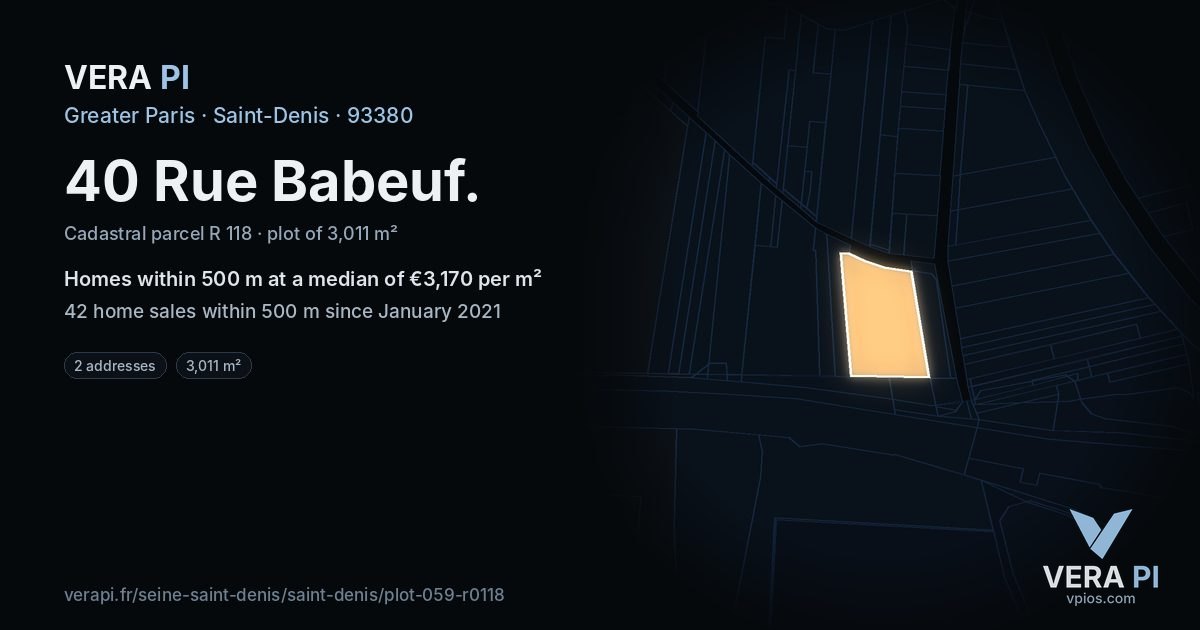 40 Rue Babeuf, Saint-Denis at night – the plot lit, the parcels around coloured by the prices near them
