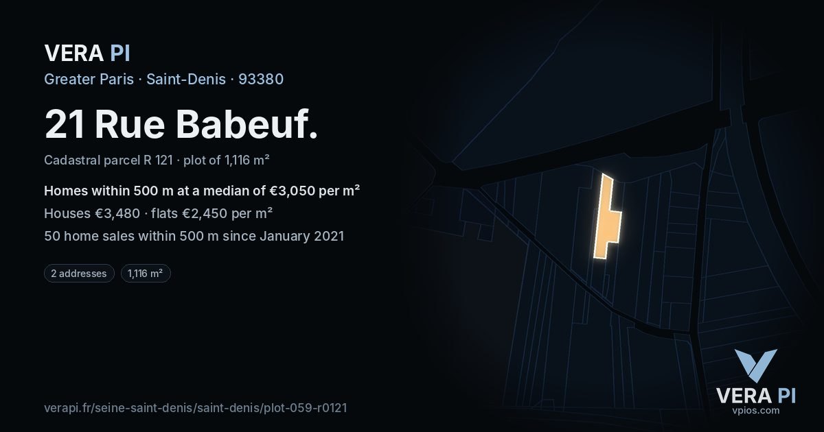 21 Rue Babeuf, Saint-Denis at night – the plot lit, the parcels around coloured by the prices near them