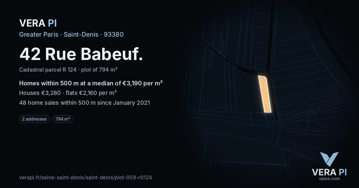 42 Rue Babeuf, Saint-Denis at night – the plot lit, the parcels around coloured by the prices near them