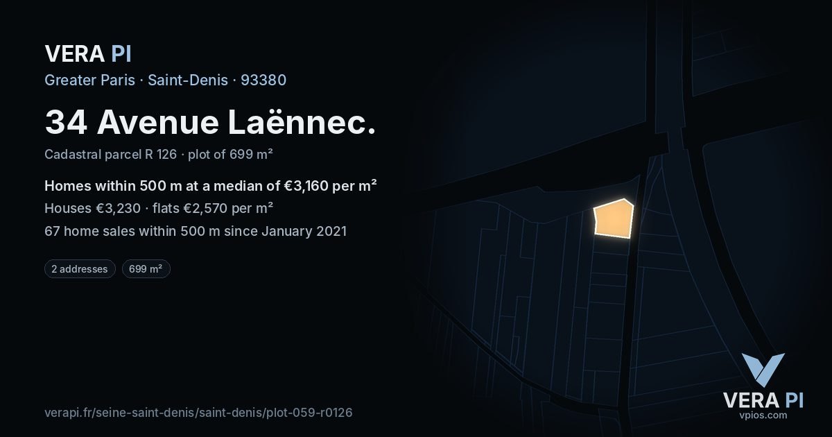 34 Avenue Laënnec, Saint-Denis at night – the plot lit, the parcels around coloured by the prices near them