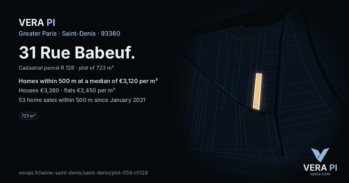 31 Rue Babeuf, Saint-Denis at night – the plot lit, the parcels around coloured by the prices near them