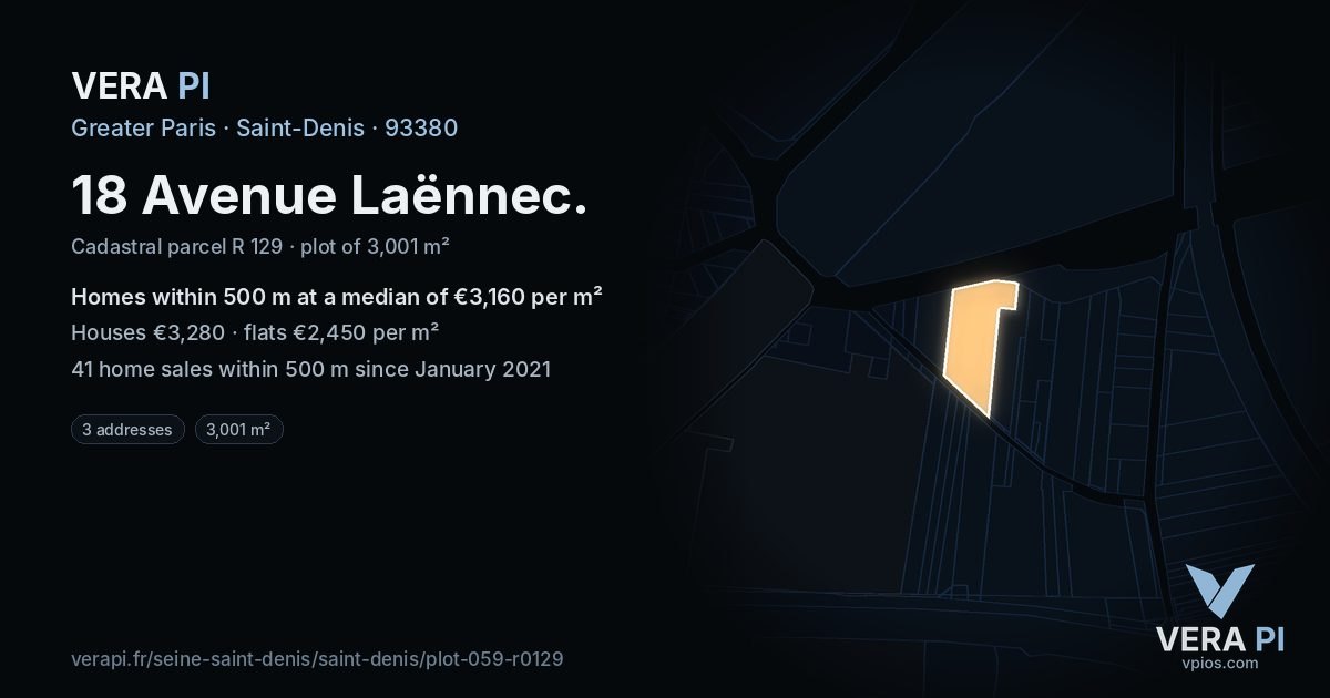 18 Avenue Laënnec, Saint-Denis at night – the plot lit, the parcels around coloured by the prices near them