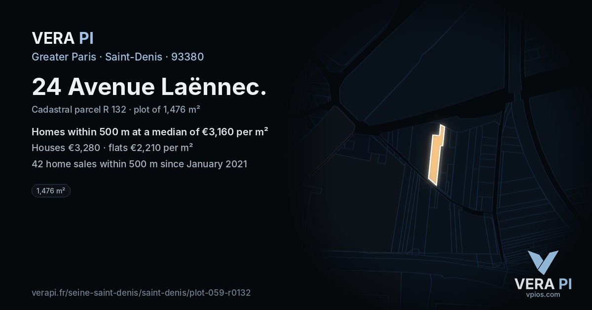 24 Avenue Laënnec, Saint-Denis at night – the plot lit, the parcels around coloured by the prices near them