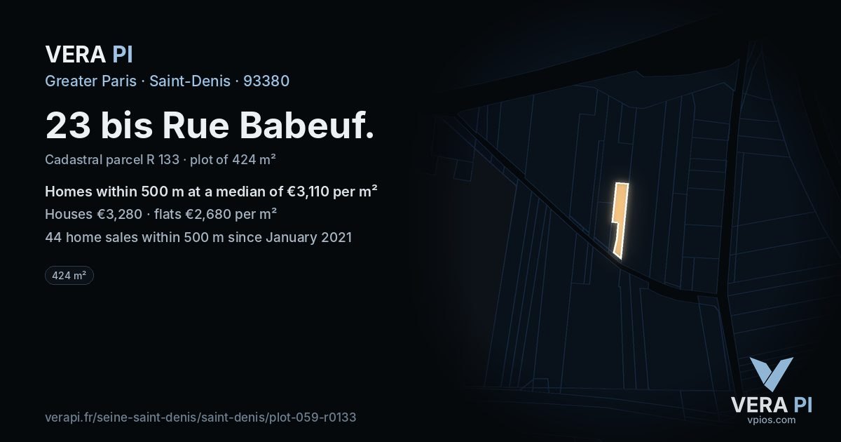 23 bis Rue Babeuf, Saint-Denis at night – the plot lit, the parcels around coloured by the prices near them
