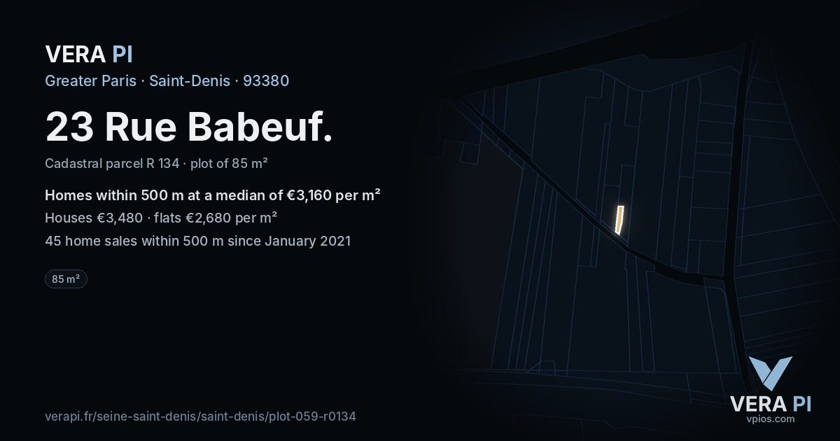 23 Rue Babeuf, Saint-Denis at night – the plot lit, the parcels around coloured by the prices near them