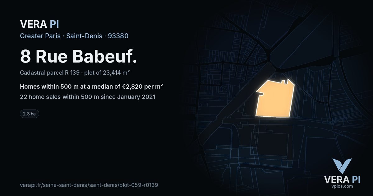 8 Rue Babeuf, Saint-Denis at night – the plot lit, the parcels around coloured by the prices near them