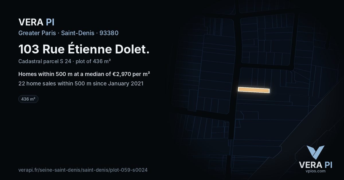 103 Rue Étienne Dolet, Saint-Denis at night – the plot lit, the parcels around coloured by the prices near them