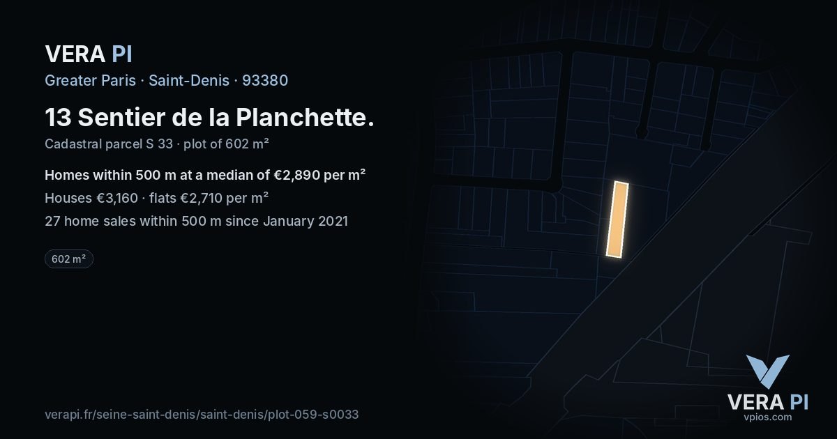 13 Sentier de la Planchette, Saint-Denis at night – the plot lit, the parcels around coloured by the prices near them