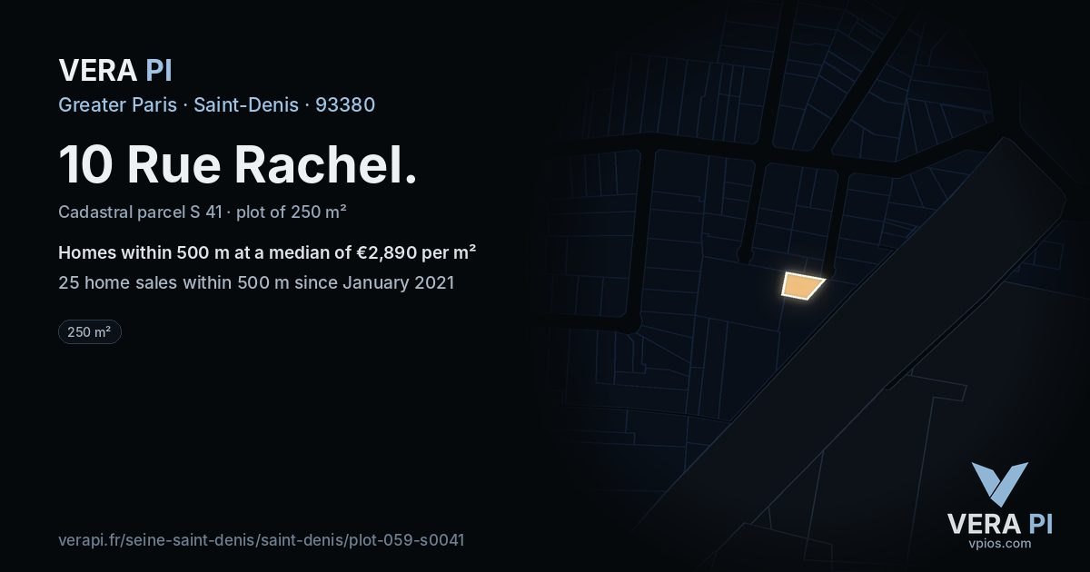 10 Rue Rachel, Saint-Denis at night – the plot lit, the parcels around coloured by the prices near them