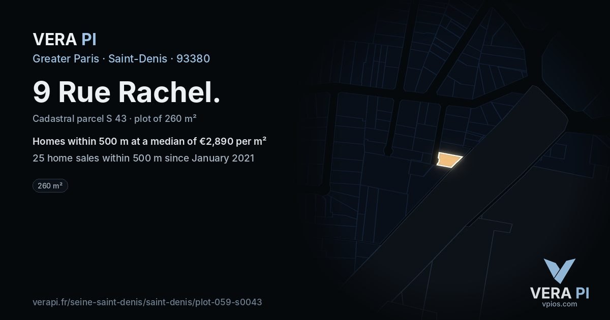 9 Rue Rachel, Saint-Denis at night – the plot lit, the parcels around coloured by the prices near them