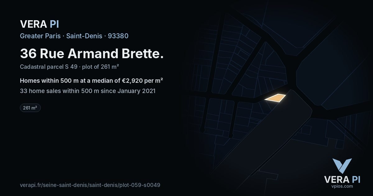 36 Rue Armand Brette, Saint-Denis at night – the plot lit, the parcels around coloured by the prices near them