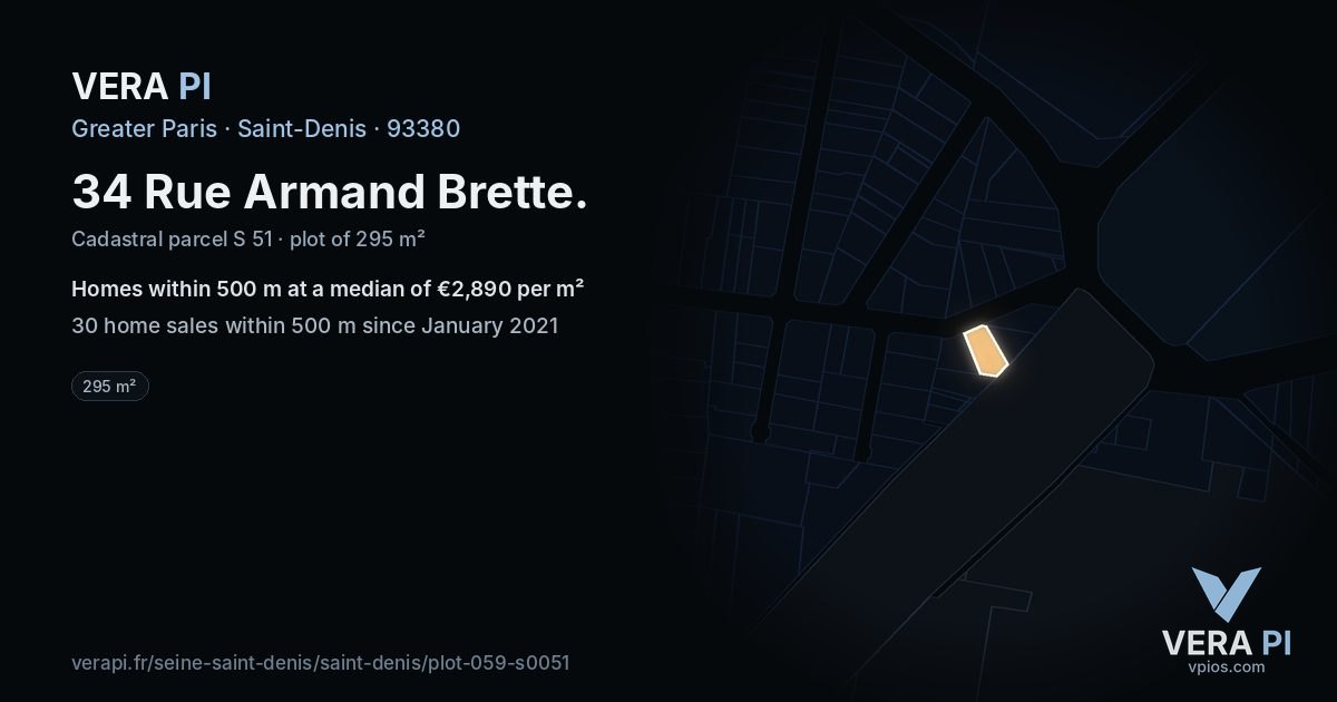 34 Rue Armand Brette, Saint-Denis at night – the plot lit, the parcels around coloured by the prices near them