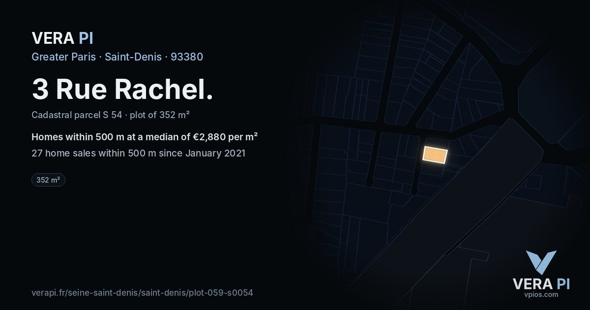 3 Rue Rachel, Saint-Denis at night – the plot lit, the parcels around coloured by the prices near them