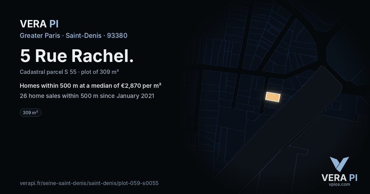 5 Rue Rachel, Saint-Denis at night – the plot lit, the parcels around coloured by the prices near them