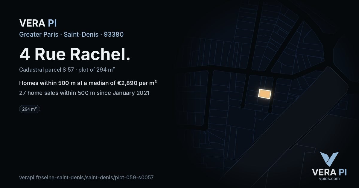 4 Rue Rachel, Saint-Denis at night – the plot lit, the parcels around coloured by the prices near them
