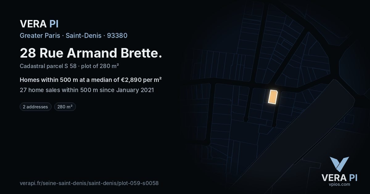 28 Rue Armand Brette, Saint-Denis at night – the plot lit, the parcels around coloured by the prices near them