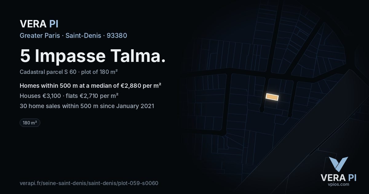 5 Impasse Talma, Saint-Denis at night – the plot lit, the parcels around coloured by the prices near them