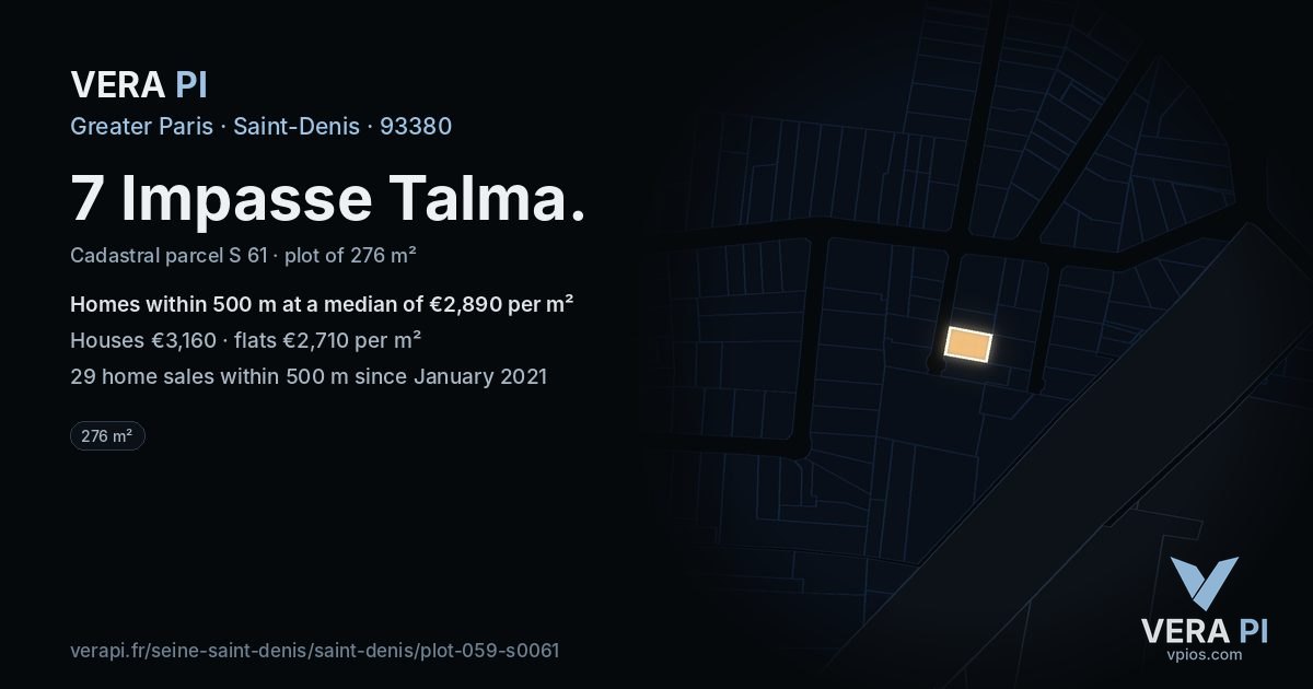 7 Impasse Talma, Saint-Denis at night – the plot lit, the parcels around coloured by the prices near them
