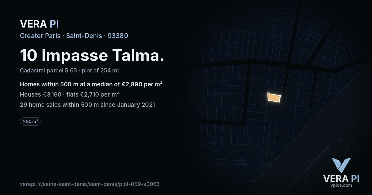 10 Impasse Talma, Saint-Denis at night – the plot lit, the parcels around coloured by the prices near them