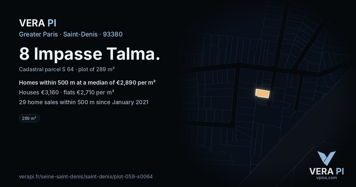 8 Impasse Talma, Saint-Denis at night – the plot lit, the parcels around coloured by the prices near them