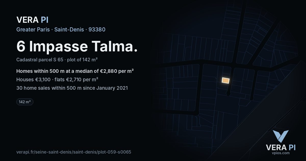 6 Impasse Talma, Saint-Denis at night – the plot lit, the parcels around coloured by the prices near them
