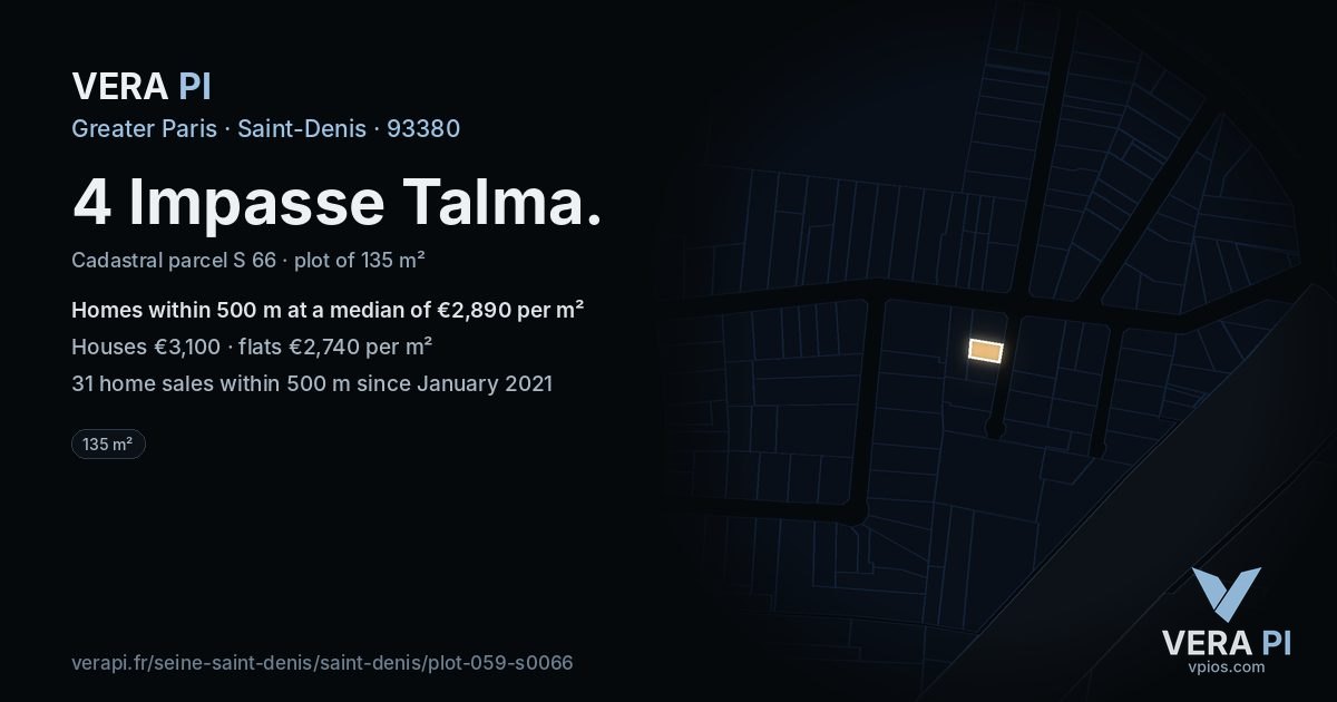 4 Impasse Talma, Saint-Denis at night – the plot lit, the parcels around coloured by the prices near them