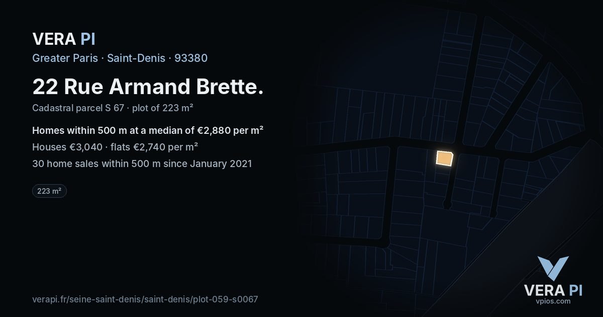 22 Rue Armand Brette, Saint-Denis at night – the plot lit, the parcels around coloured by the prices near them