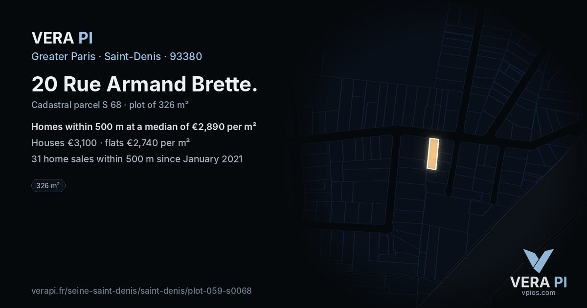 20 Rue Armand Brette, Saint-Denis at night – the plot lit, the parcels around coloured by the prices near them