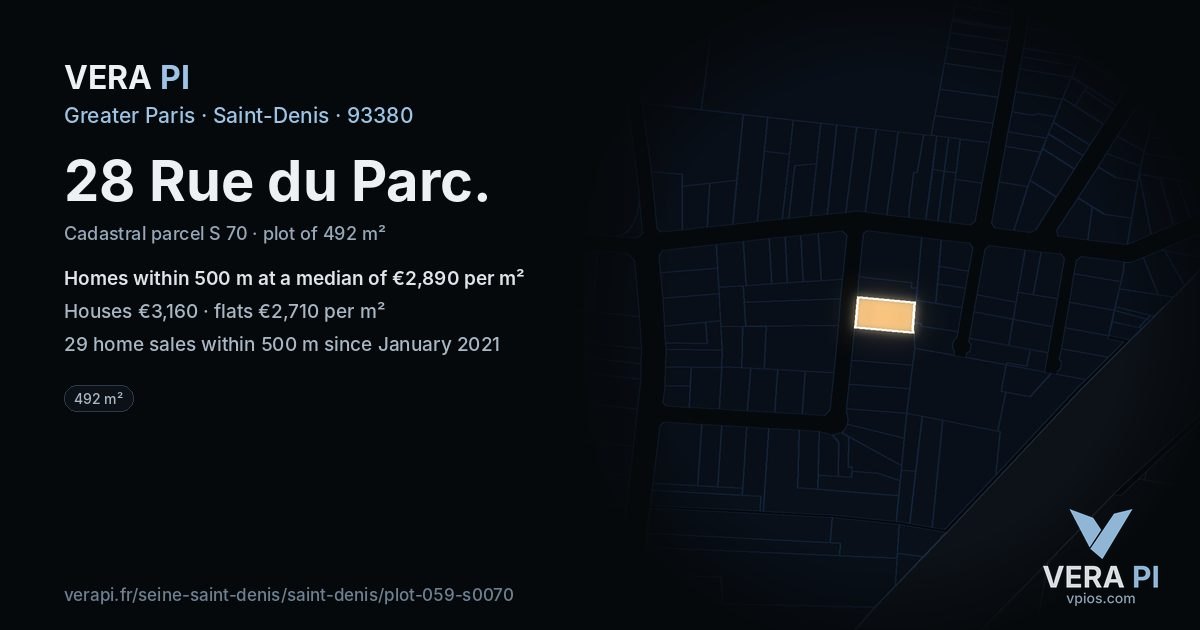 28 Rue du Parc, Saint-Denis at night – the plot lit, the parcels around coloured by the prices near them