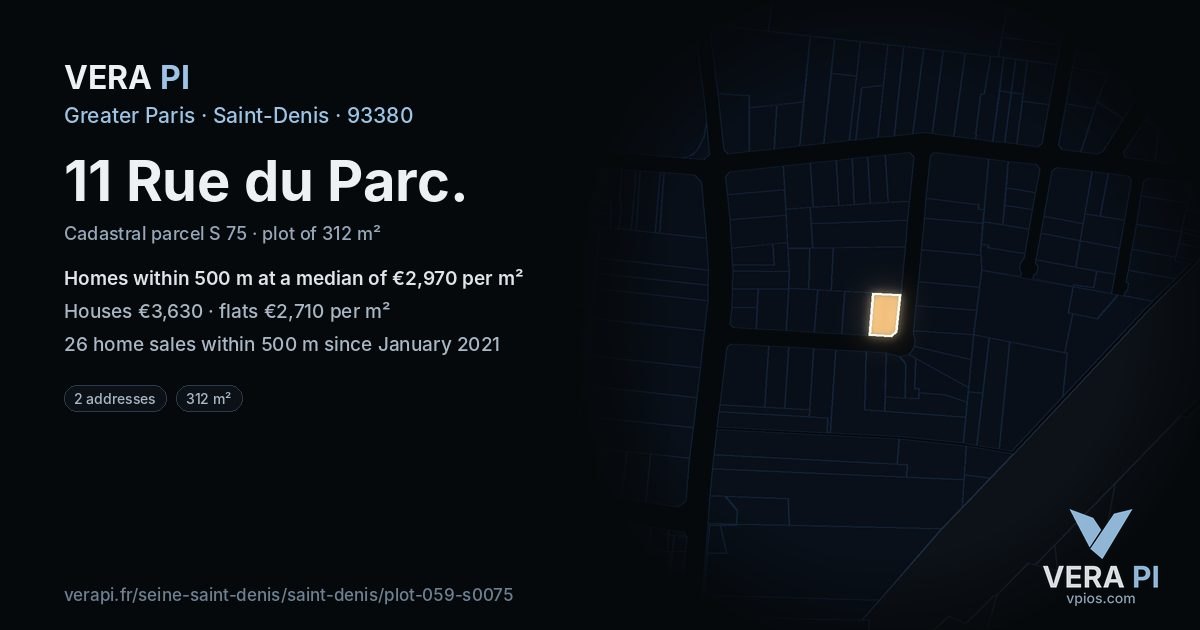 11 Rue du Parc, Saint-Denis at night – the plot lit, the parcels around coloured by the prices near them