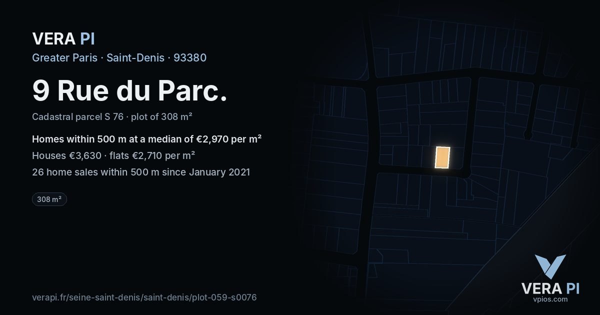 9 Rue du Parc, Saint-Denis at night – the plot lit, the parcels around coloured by the prices near them