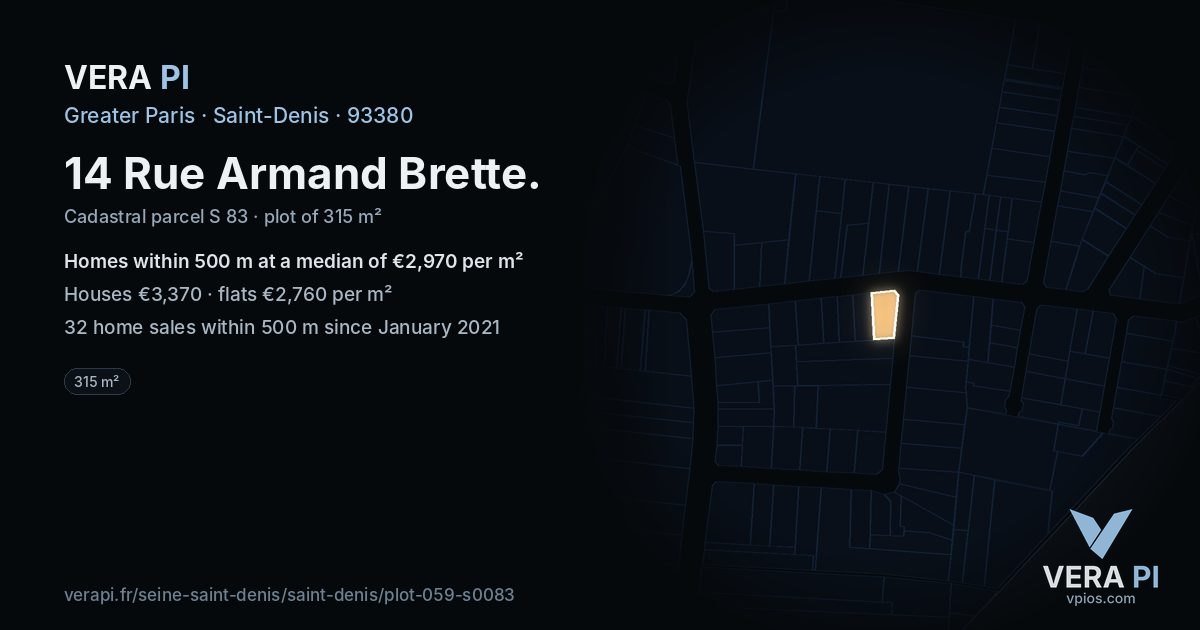 14 Rue Armand Brette, Saint-Denis at night – the plot lit, the parcels around coloured by the prices near them