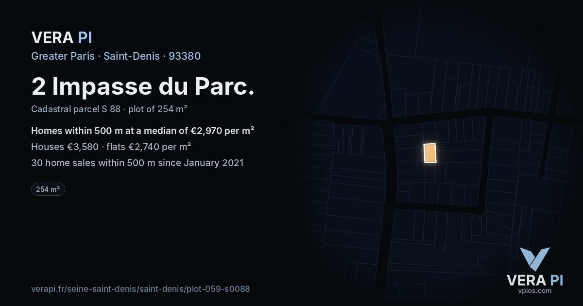 2 Impasse du Parc, Saint-Denis at night – the plot lit, the parcels around coloured by the prices near them