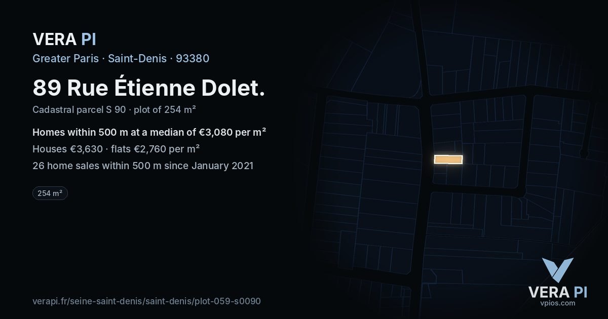89 Rue Étienne Dolet, Saint-Denis at night – the plot lit, the parcels around coloured by the prices near them