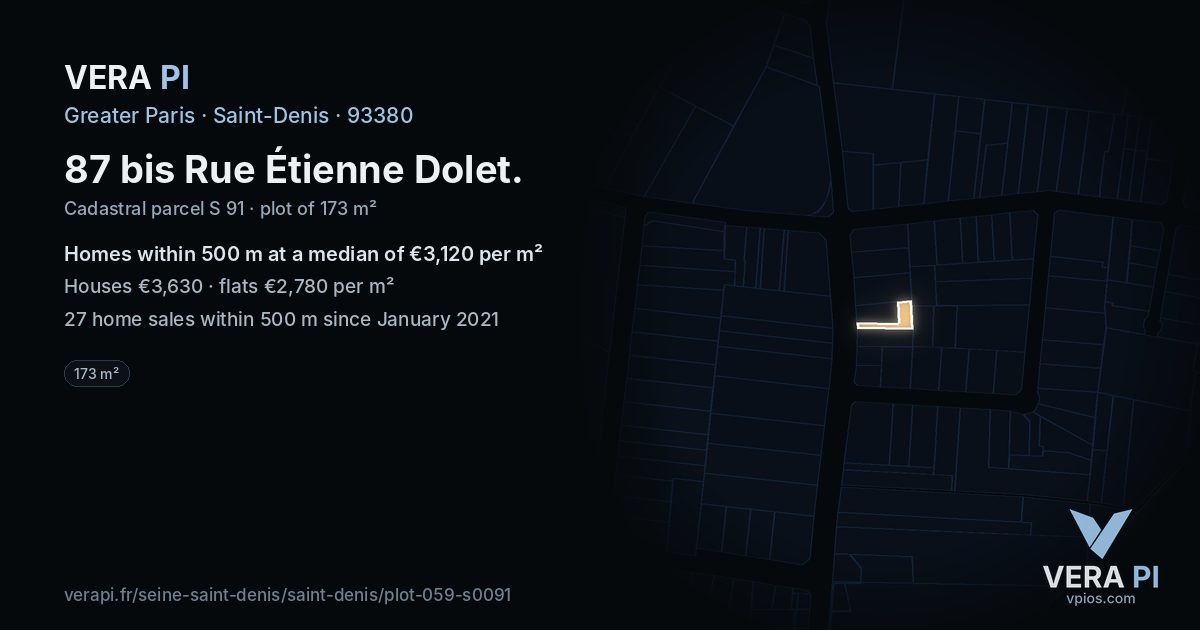 87 bis Rue Étienne Dolet, Saint-Denis at night – the plot lit, the parcels around coloured by the prices near them