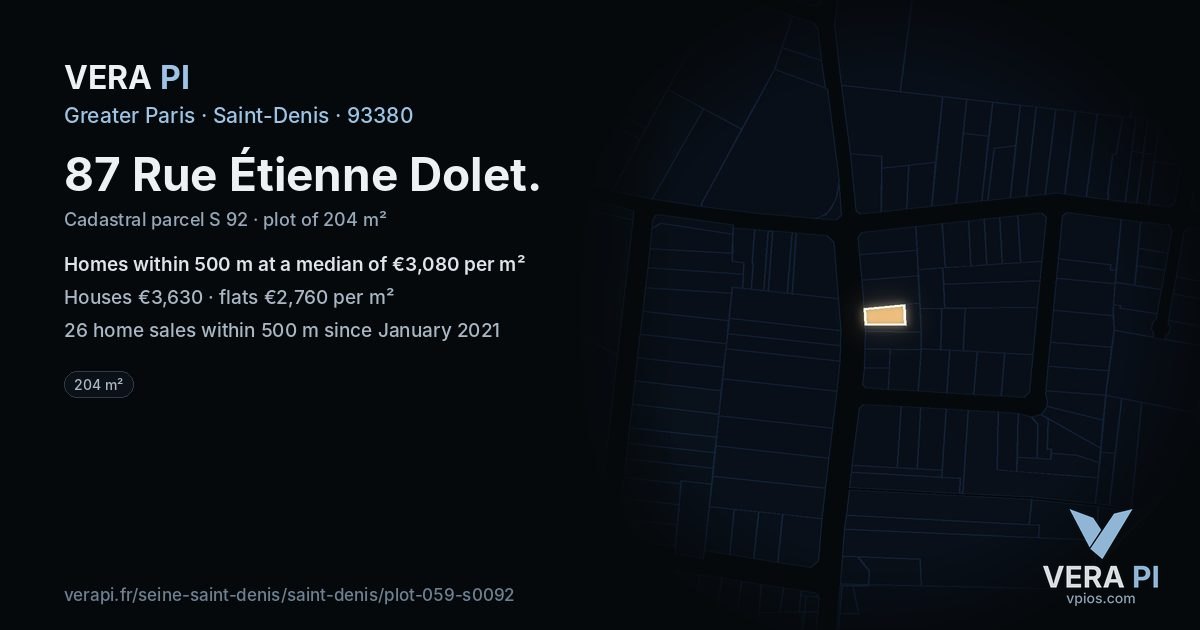 87 Rue Étienne Dolet, Saint-Denis at night – the plot lit, the parcels around coloured by the prices near them