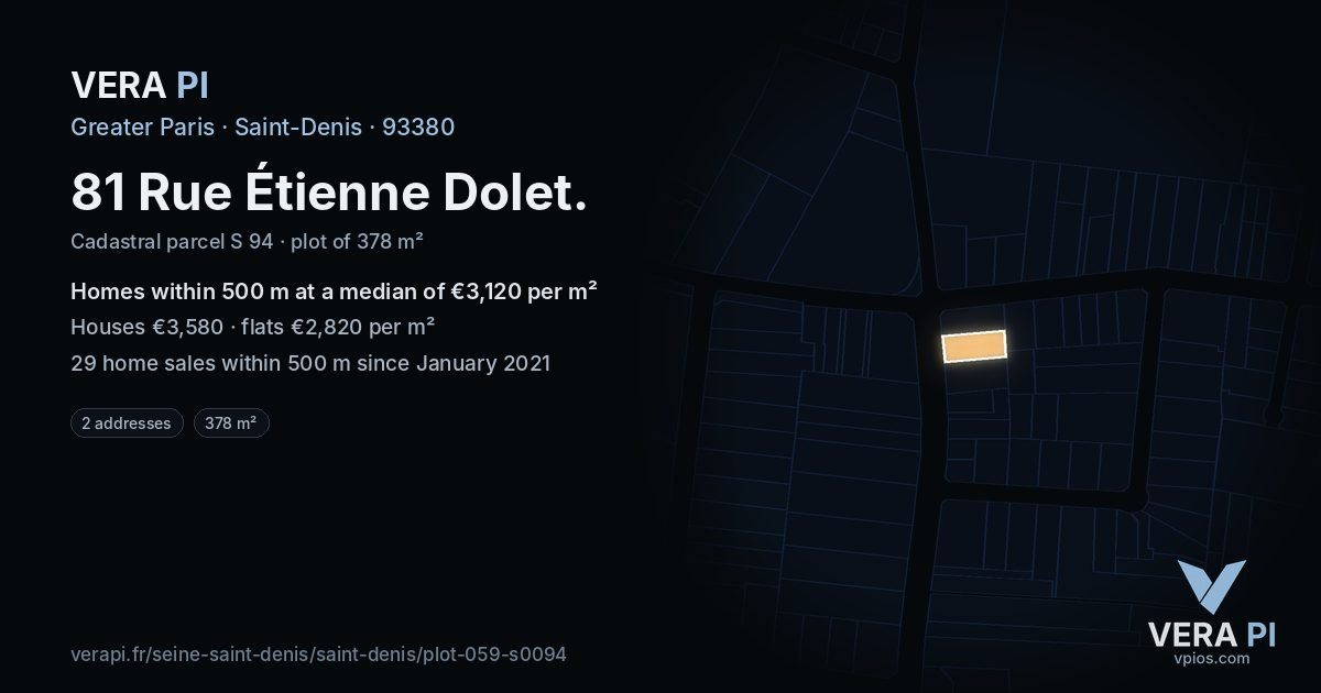 81 Rue Étienne Dolet, Saint-Denis at night – the plot lit, the parcels around coloured by the prices near them