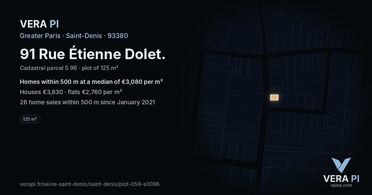 91 Rue Étienne Dolet, Saint-Denis at night – the plot lit, the parcels around coloured by the prices near them