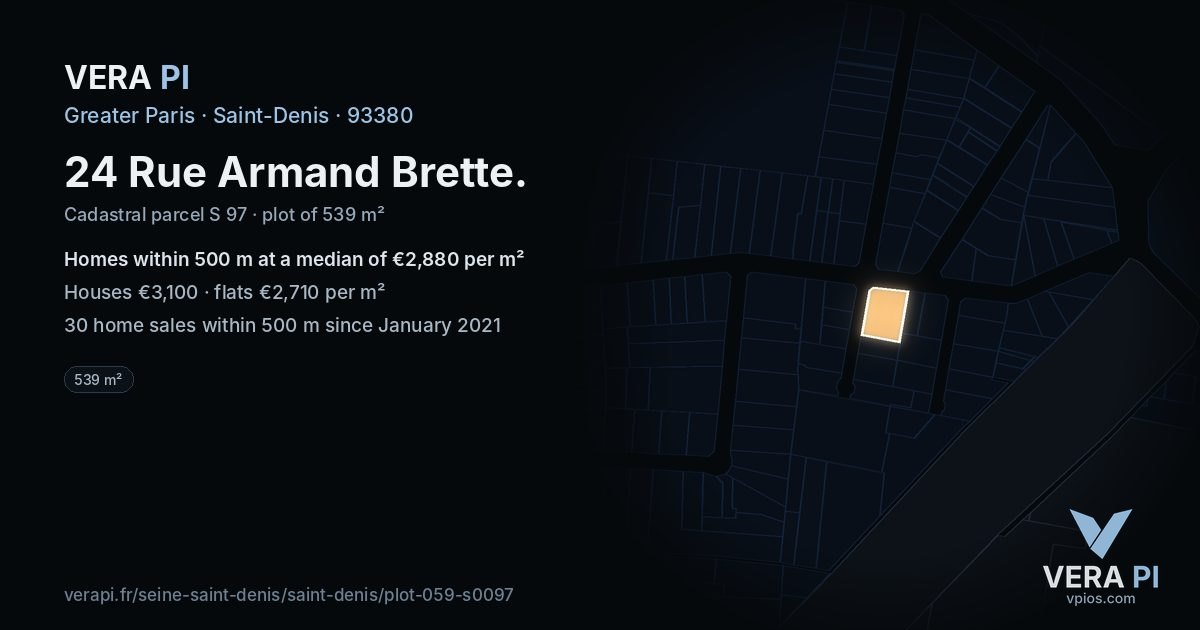 24 Rue Armand Brette, Saint-Denis at night – the plot lit, the parcels around coloured by the prices near them