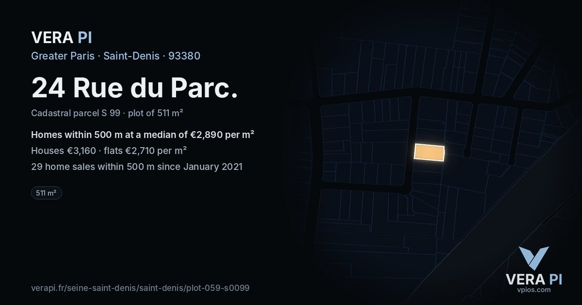 24 Rue du Parc, Saint-Denis at night – the plot lit, the parcels around coloured by the prices near them